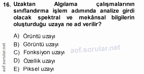 16. soru: Uzaktan Algılama çalışmalarının sınıflandırma işlem adımında analize girdi olacak spektral ve mekânsal bilgilerin olu…