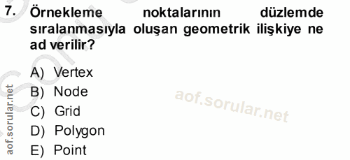 7. soru: Örnekleme noktalarının düzlemde sıralanmasıyla oluşan geometrik ilişkiye ne ad verilir? A) Vertex net B) Node orul C)…