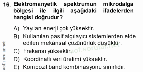 16. soru: Elektromanyetik spektrumun mikrodalga bölgesi ile ilgili aşağıdaki ifadelerden hangisi doğrudur? A) Yayılan enerji ço…