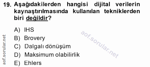 19. soru: Aşağıdakilerden hangisi dijital verilerin kaynaştırılmasında kullanılan tekniklerden biri değildir? A) IHS B) Brovery…