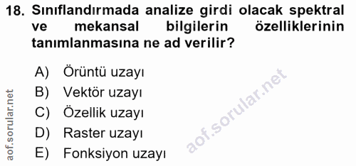 18. soru: Sınıflandırmada analize girdi olacak spektral ve mekansal bilgilerin özelliklerinin tanımlanmasına ne ad verilir? A)…