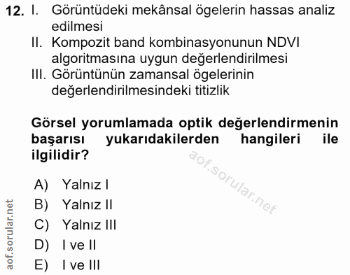 12. soru: I. Görüntüdeki mekânsal ögelerin hassas analiz edilmesi II. Kompozit band kombinasyonunun NDVI algoritmasına uygun de…
