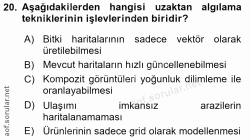 20. soru: Aşağıdakilerden hangisi uzaktan algılama tekniklerinin işlevlerinden biridir? A) Bitki haritalarının sadece vektör ol…