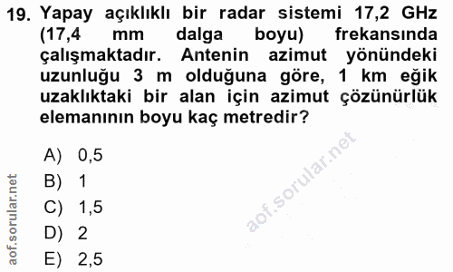 19. soru: Yapay açıklıklı bir radar sistemi 17,2 GHz (17,4 mm dalga boyu) frekansında çalışmaktadır. Antenin azimut yönündeki u…