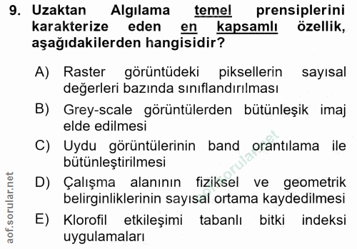 9. soru: Uzaktan Algılama temel prensiplerini karakterize eden en kapsamlı özellik, aşağıdakilerden hangisidir? A) Raster görü…
