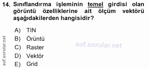 14. soru: Sınıflandırma işleminin temel girdisi olan görüntü özelliklerine ait ölçüm vektörü aşağıdakilerden hangisidir? A) TIN…