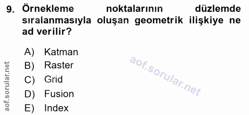 9. soru: Örnekleme noktalarının düzlemde sıralanmasıyla oluşan geometrik ilişkiye ne ad verilir? A) Katman rular.net B) Raster…
