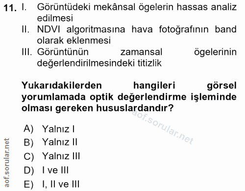 11. soru: I. Görüntüdeki mekânsal ögelerin hassas analiz edilmesi II. NDVI algoritmasına hava fotoğrafının band olarak eklenmes…