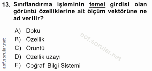 13. soru: Sınıflandırma işleminin temel girdisi olan görüntü özelliklerine ait ölçüm vektörüne ne ad verilir? A) Doku B) Özelli…