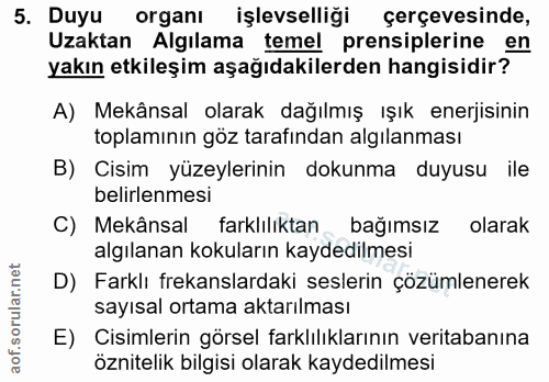 5. soru: Duyu organı işlevselliği çerçevesinde, Uzaktan Algılama temel prensiplerine en yakın etkileşim aşağıdakilerden hangis…