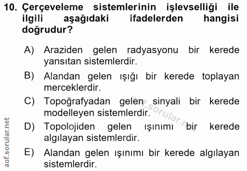 10. soru: Çerçeveleme sistemlerinin işlevselliği ile ilgili aşağıdaki ifadelerden hangisi doğrudur? A) Araziden gelen radyasyon…