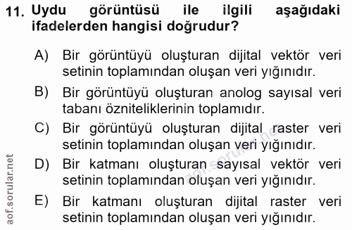 11. soru: Uydu görüntüsü ile ilgili aşağıdaki ifadelerden hangisi doğrudur? A) Bir görüntüyü oluşturan dijital vektör veri seti…