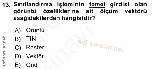 13. soru: Sınıflandırma işleminin temel girdisi olan görüntü özelliklerine ait ölçüm vektörü aşağıdakilerden hangisidir? A) Orü…