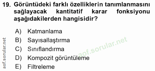 19. soru: Görüntüdeki farklı özelliklerin tanımlanmasını sağlayacak kantitatif karar fonksiyonu aşağıdakilerden hangisidir? A)…