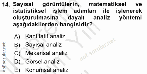 14. soru: Sayısal görüntülerin, matematiksel ve istatistiksel işlem adımları ile işlenerek oluşturulmasına dayalı analiz yöntem…
