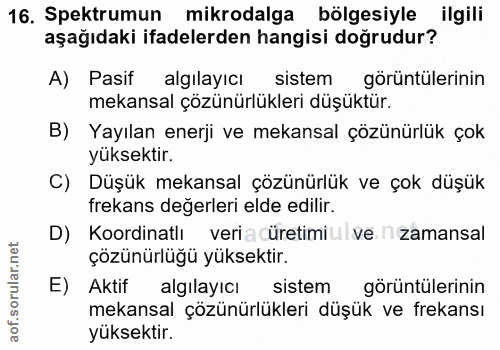 16. soru: Spektrumun mikrodalga bölgesiyle ilgili aşağıdaki ifadelerden hangisi doğrudur? A) Pasif algılayıcı sistem görüntüler…