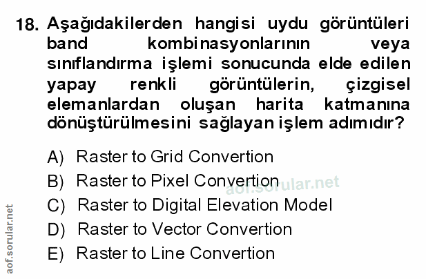 18. soru: Aşağıdakilerden hangisi uydu görüntüleri band kombinasyonlarının veya sinıflandırma işlemi sonucunda elde edilen yapa…