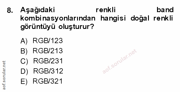 8. soru: Aşağıdaki renkli band kombinasyonlarından hangisi doğal renkli görüntüyü oluşturur? A) RGB/123 B) RGB/213 C) RGB/231…