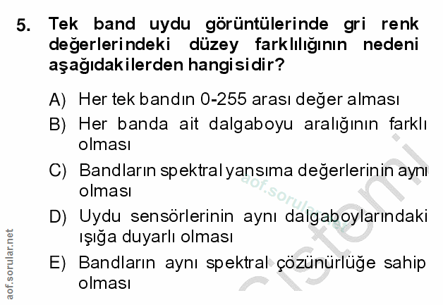 5. soru: Tek band uydu görüntülerinde gri renk değerlerindeki düzey farklılığının nedeni aşağıdakilerden hangisidir? A) Her te…