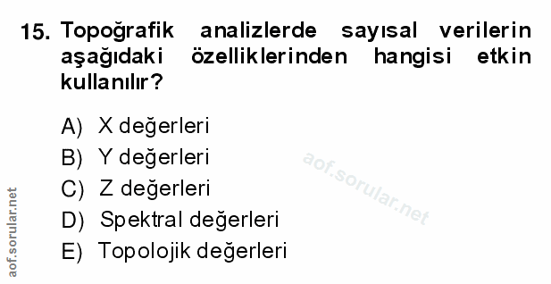 15. soru: Topoğrafik analizlerde sayısal verilerin aşağıdaki özelliklerinden hangisi etkin kullanılır? A) X değerleri B) Y değe…