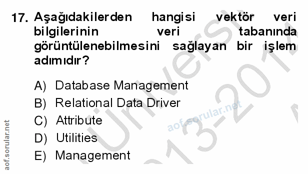 17. soru: Aşağıdakilerden hangisi vektor veri bilgilerinin veri tabanında görüntülenebilmesini saglayan bir işlem adımıdır? A)…
