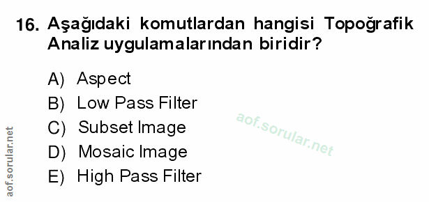 16. soru: Aşağıdaki komutlardan hangisi Topoğrafik Analiz uygulamalarından biridir? A) Aspect B) Low Pass Filter C) Subset mage…
