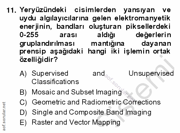 11. soru: Yeryüzündeki cisimlerden yansıyan ve uydu algılayıcılarına gelen elektromanyetik enerjinin, bandları oluşturan piksel…