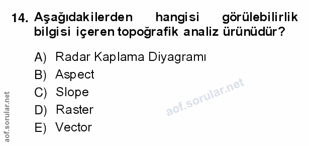 14. soru: Aşağıdakilerden hangisi görülebilirlik bilgisi içeren topoğrafik analiz ürünüdür? A) Radar Kaplama Diyagramı B) Aspec…