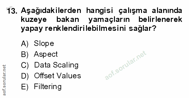 13. soru: Aşağıdakilerden hangisi çalışma alanında kuzeye bakan yamaçların belirlenerek yapay renklendirilebilmesini sağlar? A)…