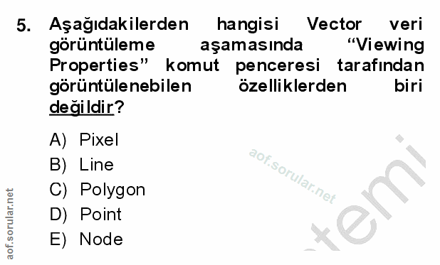 5. soru: Aşağıdakilerden hangisi Vector veri görüntüleme aşamasında "Viewing Properties" komut penceresi tarafindan görüntülen…
