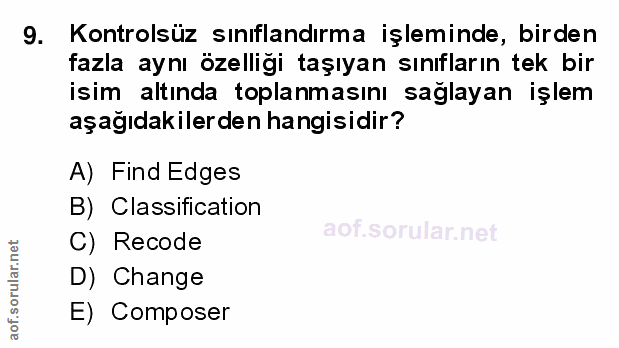 9. soru: Kontrolsüz sınıflandırma işleminde, birden fazla aynı özelliği taşıyan sınıfların tek bir isim altında toplanmasını s…