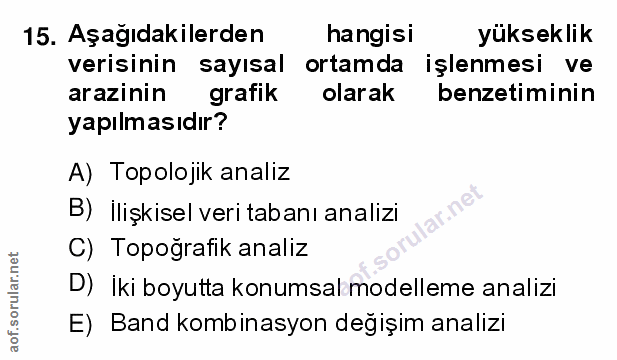 15. soru: Aşağıdakilerden hangisi yükseklik verisinin sayısal ortamda işlenmesi ve arazinin grafik olarak benzetiminin yapılmas…