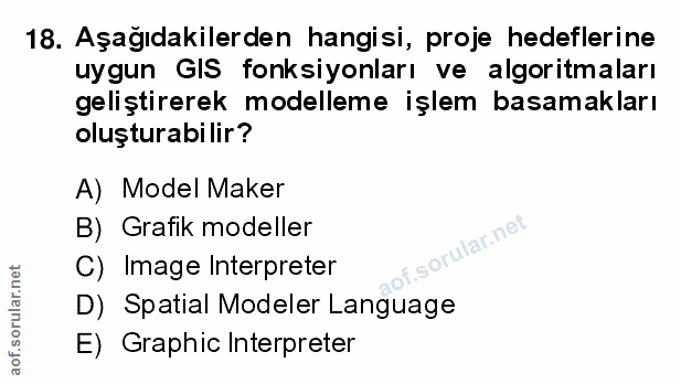 18. soru: Aşağıdakilerden hangisi, proje hedeflerine uygun GIS fonksiyonları ve algoritmaları geliştirerek modelleme işlem basa…