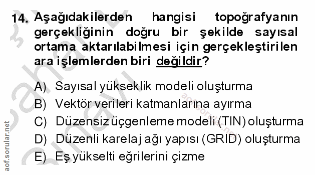 14. soru: Aşağıdakilerden hangisi topografyanın gerçekliginin doğru bir şekilde sayısal ortama aktarılabilmesi için gerçekleşti…