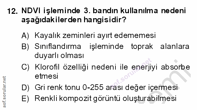12. soru: NDVI işleminde 3. bandın kullanılma nedeni aşağıdakilerden hangisidir? A) Kayalık zeminleri ayırt edememesi B) Sınıfl…