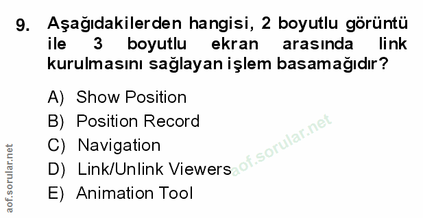 9. soru: Aşağıdakilerden hangisi, 2 boyutlu görüntü ile 3 boyutlu ekran arasında link kurulmasını sağlayan işlem basamağıdır?…