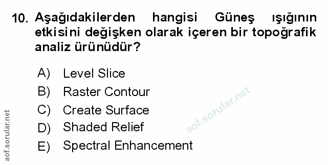 10. soru: Aşağıdakilerden hangisi Güneş ışığının etkisini değişken olarak içeren bir topoğrafik analiz ürünüdür? A) Level Slice…