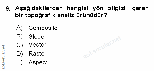 9. soru: Aşağıdakilerden hangisi yon bilgisi içeren bir topoğrafik analiz ürünüdür? A) Composite B) Slope C) Vector Raster E)…
