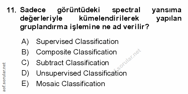 11. soru: Sadece görüntüdeki spectral yansıma değerleriyle kümelendirilerek yapılan gruplandırma işlemine ne ad verilir? A) Sup…