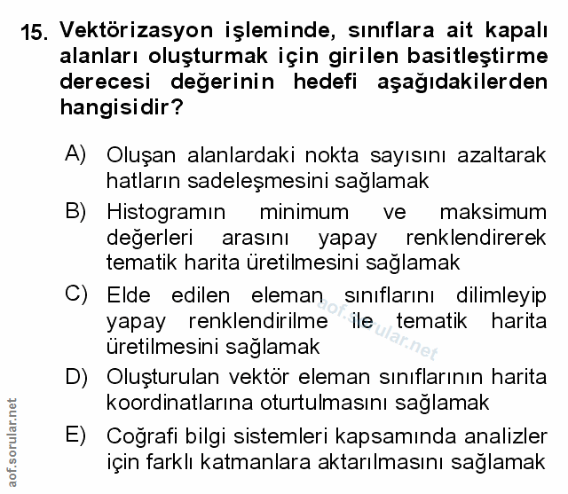 15. soru: Vektörizasyon işleminde, sınıflara ait kapalı alanları oluşturmak için girilen basitleştirme derecesi değerinin hedef…