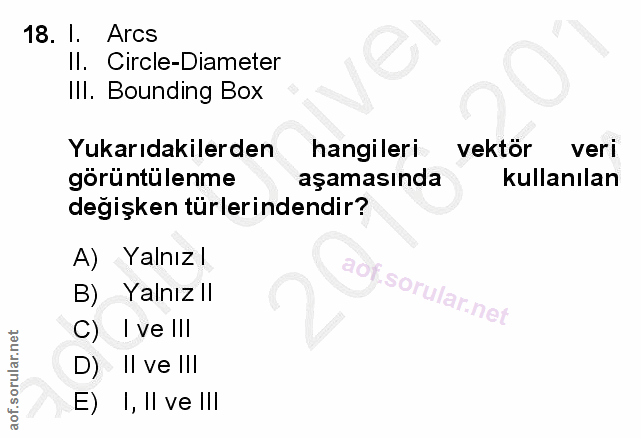 18. soru: I. Arcs Il. Circle-Diameter Ill. Bounding Box Yukarıdakilerden hangileri vektör veri görüntülenme aşamasında kullanıl…
