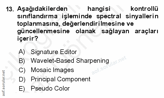 13. soru: Aşağıdakilerden hangisi kontrollü sınıflandırma işleminde spectral sinyallerin toplanmasına, değerlendirilmesine ve g…