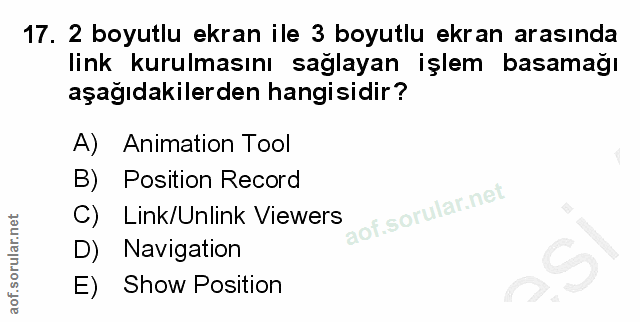 17. soru: 2 boyutlu ekran ile 3 boyutlu ekran arasında link kurulmasını sağlayan işlem basamağı aşağıdakilerden hangisidir? A)…