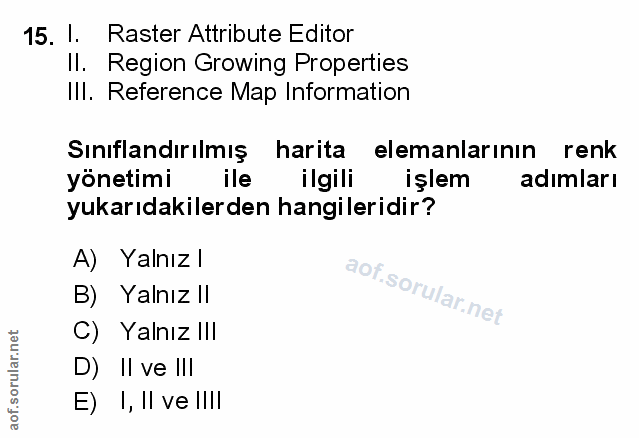 15. soru: I. Raster Attribute Editor II. Region Growing Properties IIl. Reference Map Information Sınıflandırılmış harita elema…