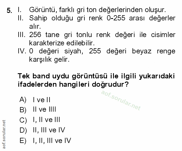 5. soru: I. Görüntü, farklı gri ton değerlerinden oluşur. Il. Sahip olduğu gri renk 0-255 arası değerler alır. IlI. 256 tane g…
