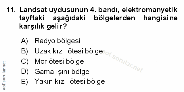 11. soru: Landsat uydusunun 4. bandı, elektromanyetik tayftaki aşağıdaki bölgelerden hangisine karşılık gelir? A) Radyo bölgesi…