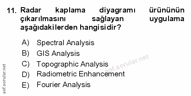 11. soru: Radar kaplama diyagramı ürününün çıkarılmasını sağlayan uygulama aşağıdakilerden hangisidir? A) Spectral Analysis B)…