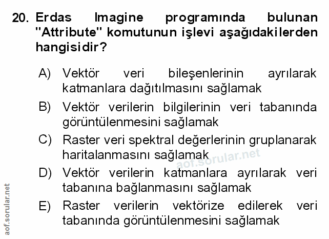 20. soru: Erdas magine programinda bulunan "Attribute" komutunun işlevi aşağıdakilerden hangisidir? A) Vektör veri bileşenlerın…