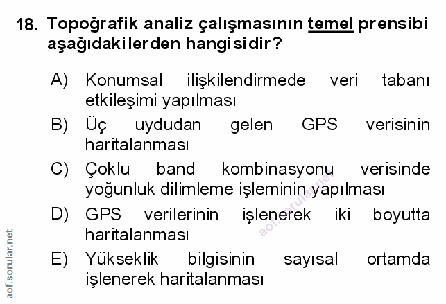 18. soru: Topoğrafik analiz çalışmasının temel prensibi aşağıdakilerden hangisidir? A) Konumsal ilişkilendirmede veri tabanı et…