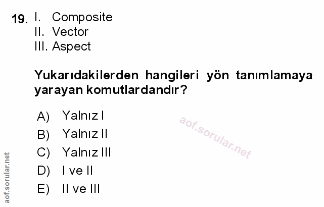 19. soru: !. Composite Il. Vector IlI. Aspect Yukarıdakilerden hangileri yön tanımlamaya yarayan komutlardandır? A) Yalnızl B)…